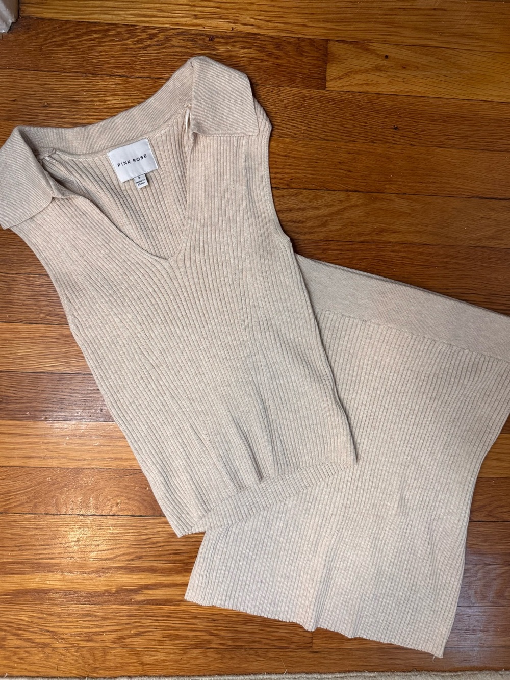 Pink Rose Chic Sleeveless Polo Collar Ribbed Knit Matching Set Cream